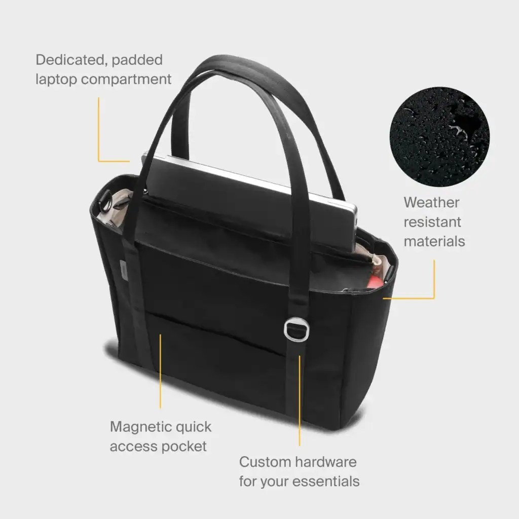 Stylish laptop tote bag with padded compartment and weather-resistant materials.