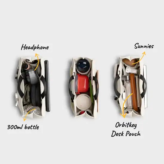 Compact travel gear with headphones, water bottle, and sunnies in stylish pouches.