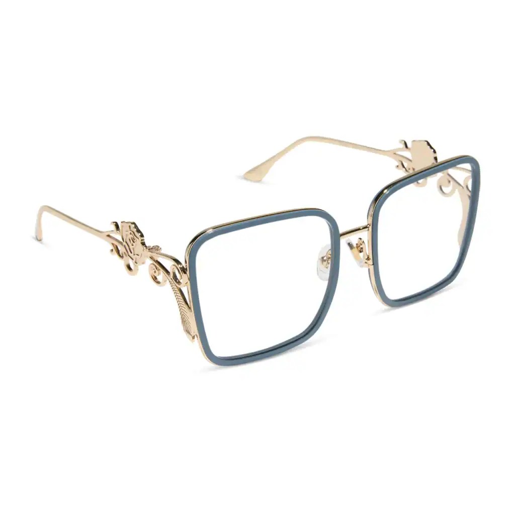 Themed square glasses with gold detailing and clear lenses.