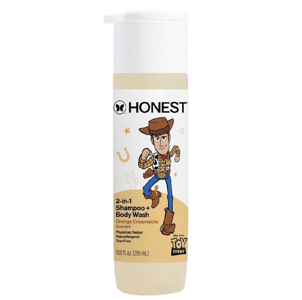 Honest Toy Story Woody shampoo and body wash for kids, 2-in-1 formula, gentle and fun.