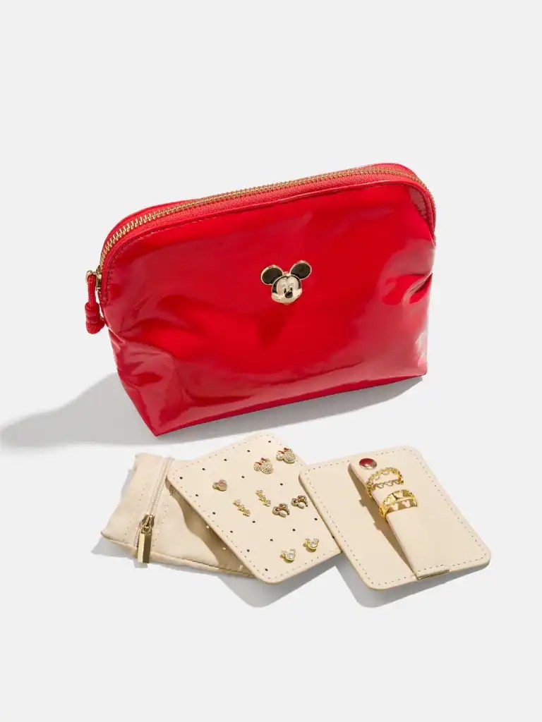 Red Minnie Mouse cosmetic bag with jewelry organizer accessories.