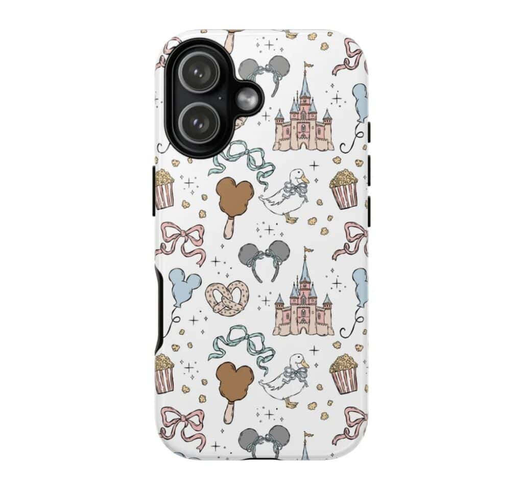 Themed phone case with castle, Minnie Mouse ears, cupcakes, and bows design.
