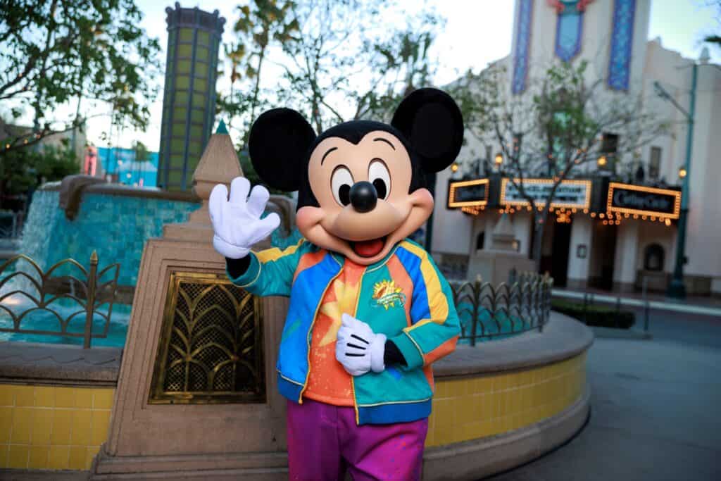 Mickey Mouse character at Disney California Adventure Park celebrating 25 years in 2026.