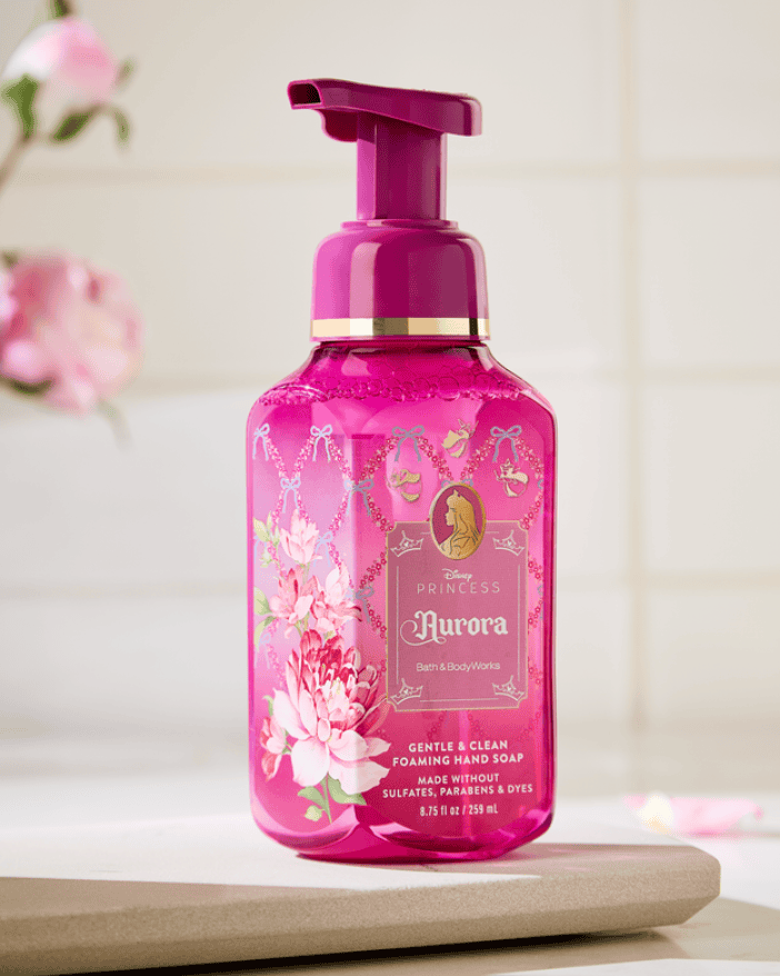 Aurora-themed pink hand soap with floral design and Disney Princess logo.