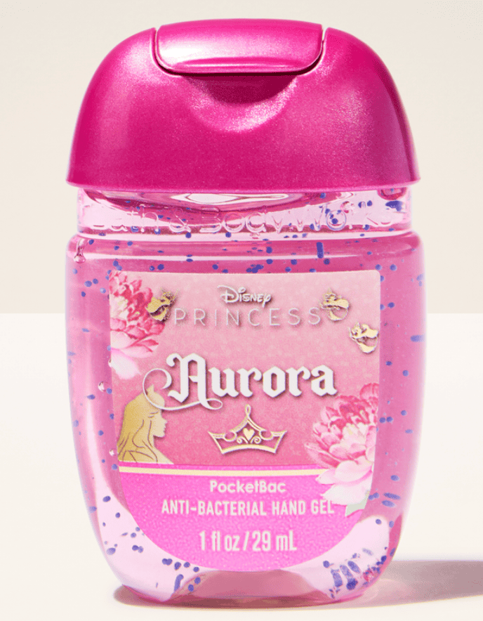 Aurora Disney Princess hand sanitizer in pink container.