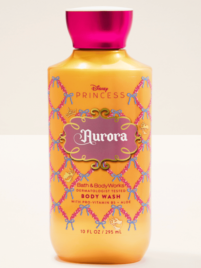 Aurora-themed Disney Princess body wash with vibrant pink and yellow design.