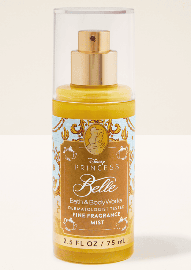 Disney Princess Belle fragrance mist with gold spray cap and decorative label.
