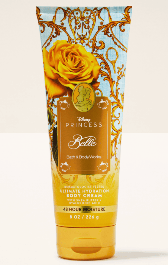 Disney Princess Belle bath and body cream with yellow rose design.