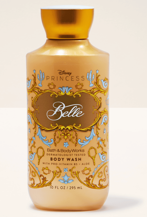 Belle-themed Disney Princess body wash in gold bottle with floral design.