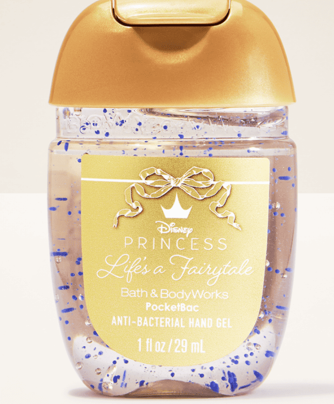 Disney Princess anti-bacterial hand gel in a clear bottle with blue speckles.