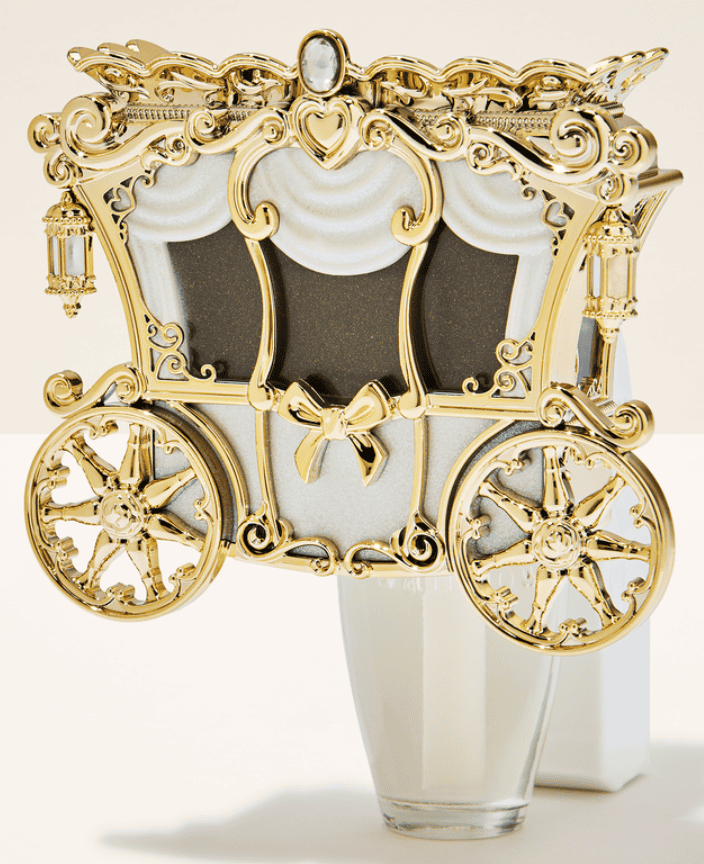 Elegant gold and white Disney princess carriage jewelry box with intricate details.