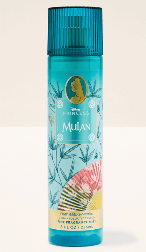 Disney Princess Mulan scented body spray in a blue bottle with floral design.