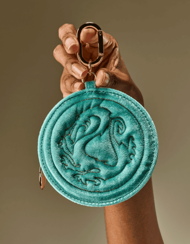 Teal velvet coin purse with embroidered dragon design, keyring attachment.