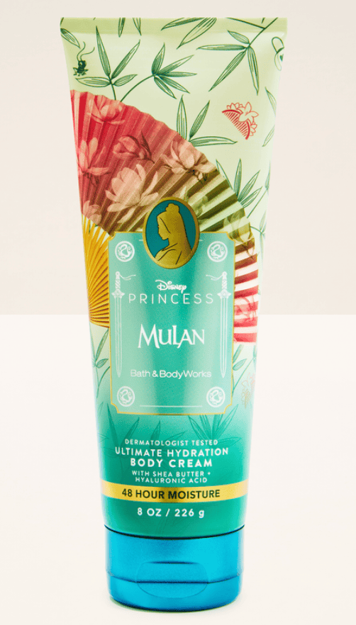Mulan-themed Disney Princess body cream with shea butter and hyaluronic acid.