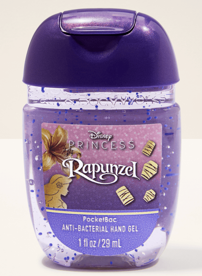 Themed antibacterial hand gel in purple container.