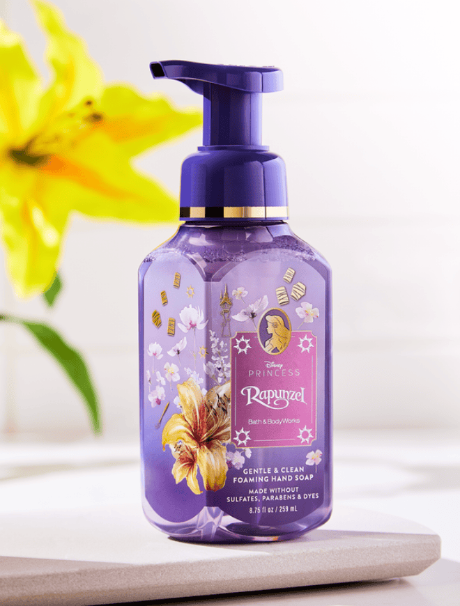 Disney Princess Rapunzel foaming hand soap in purple bottle with floral design.