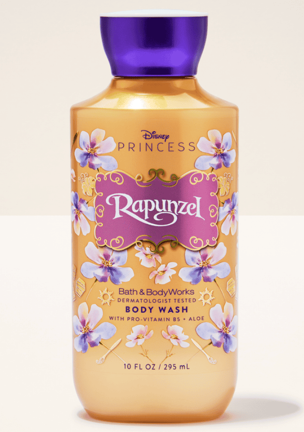 Rapunzel Disney Princess Bath & Body Works body wash with floral design.