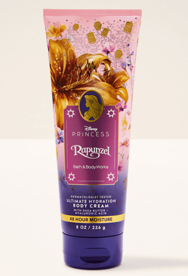 Rapunzel-themed Disney Princess bath and body cream with floral design.