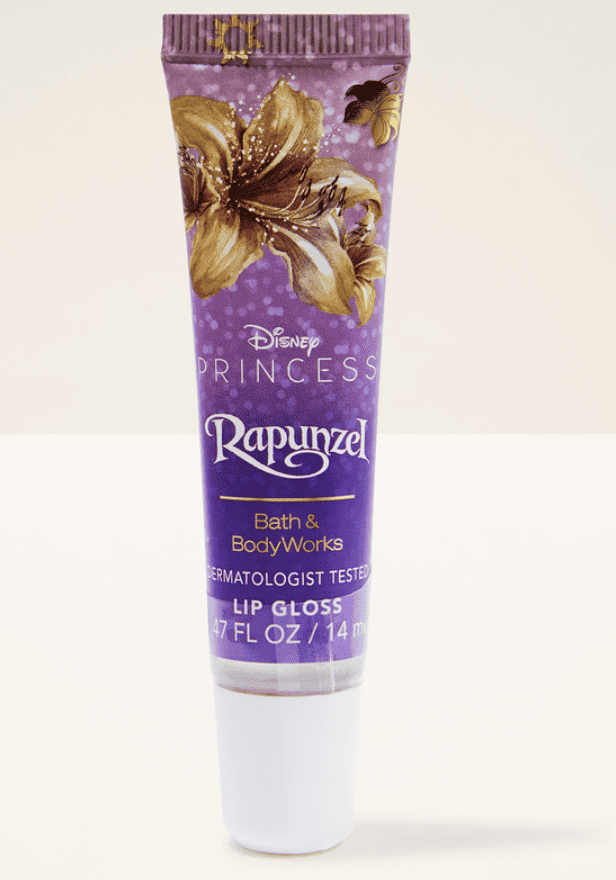 Disney Princess Rapunzel lip gloss in purple tube with floral design.