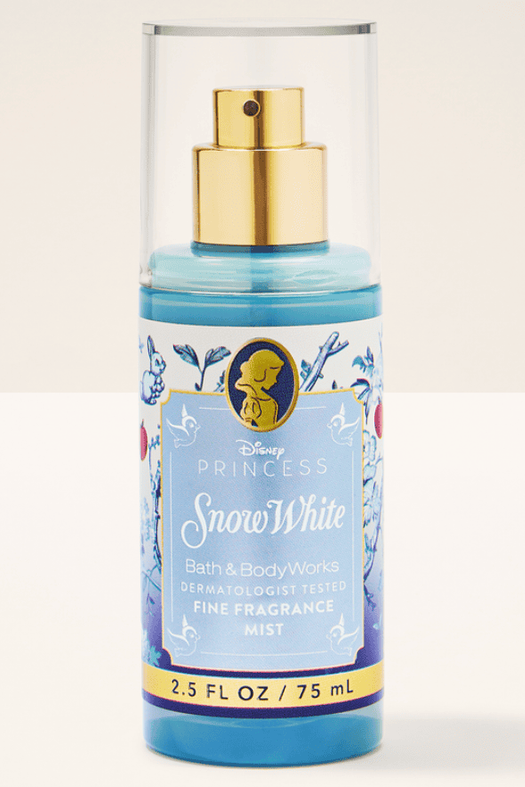 Snow White-themed Disney Princess body mist with floral design and gold spray cap.