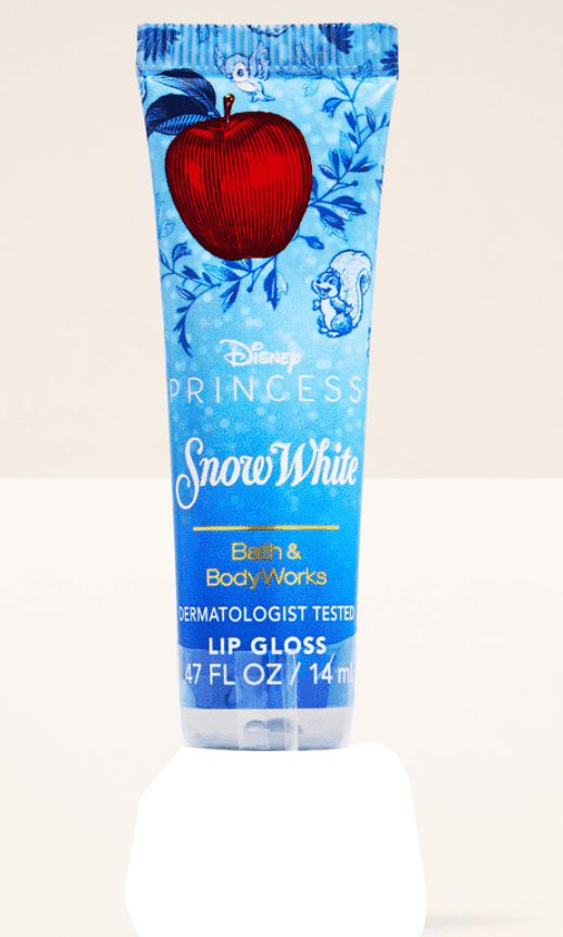 Snow White themed lip gloss in blue packaging with red apple design.