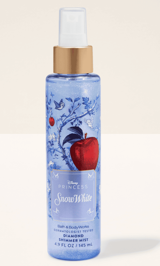 Snow White-themed shimmer mist with apple and bird design, Disney Princess collection.