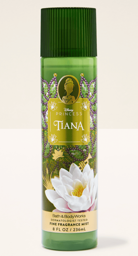 Disney Princess Tiana fragrance mist in green bottle with floral design.