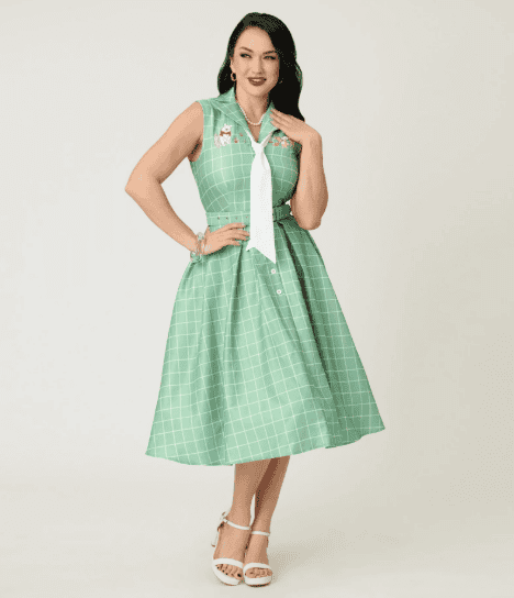 Inspired green checkered dress with Disney character embroidery, perfect for Disney fashion fans.