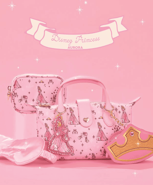 Pink Disney Princess Aurora-themed handbag and accessories for kids.