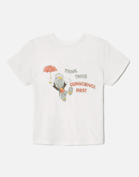 T-shirt featuring a colorful cartoon elephant holding an umbrella with the text "Think Twice Conscie.