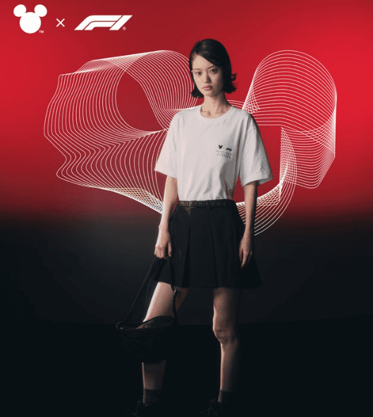 Young woman in casual Disney-inspired streetwear with graphic t-shirt and skirt.