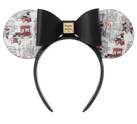 Disney Minnie Mouse ears headband with black bow and Paris-themed print.