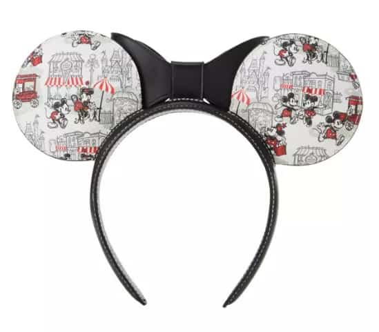 Mickey Mouse ears headband featuring a Disney cityscape pattern in black, white, and red.