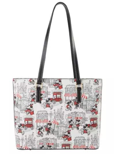 Stylish Disney Mickey Mouse tote bag with vintage-inspired print and black handles.