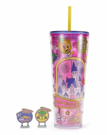 Disney Princess tumbler with straw, featuring castle and fairy tale characters.