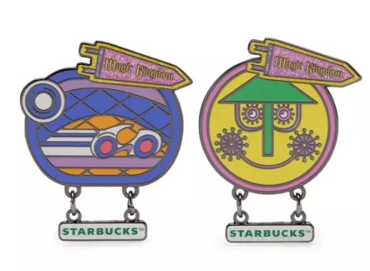 Disney Magic Kingdom themed Starbucks pins with unique designs.