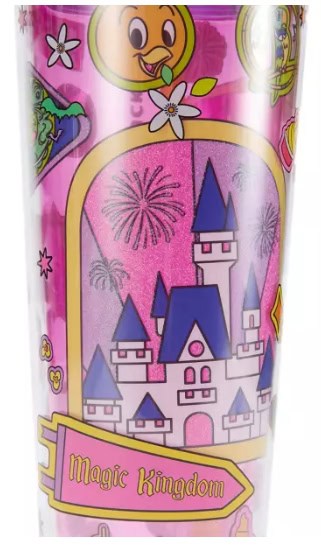 Disney castle with smiling character and fireworks on pink background.