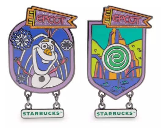 EPCOT Olaf and Spaceship Earth Starbucks enamel pins for Disney fans.