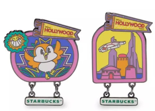 Disney Hollywood-themed Starbucks pins featuring a cute owl and cityscape design.
