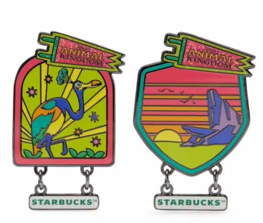 Animal Kingdom Starbucks pins with vibrant Disney animal motifs and park branding.