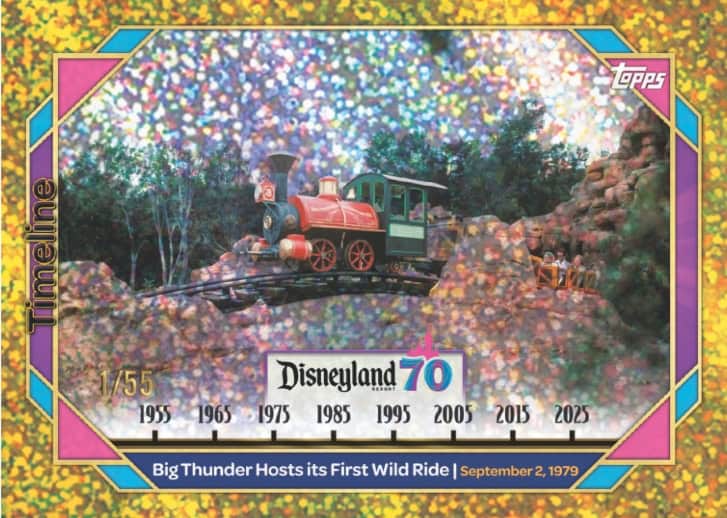 Vintage Disneyland train with colorful glitter background and anniversary timeline.