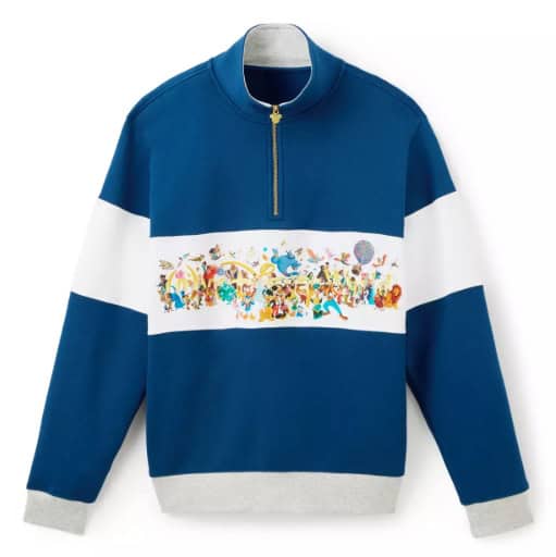 Blue and white Disney-themed color block sweatshirt with graphic print.