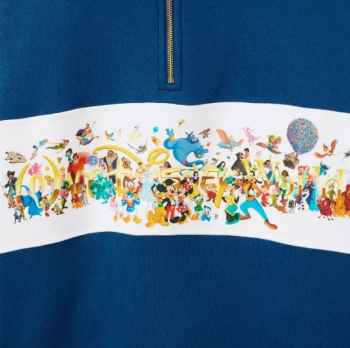 Blue sweatshirt featuring colorful Disney characters and Mickey Mouse design.