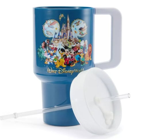 Disney castle mug featuring Mickey Mouse and friends with straw and lid.