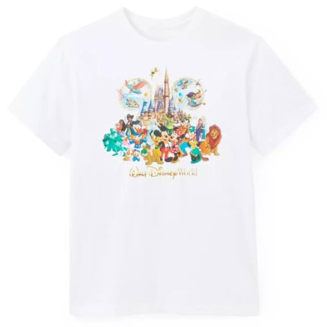 Classic Disney characters and castle graphic on white T-shirt for Disney fans.