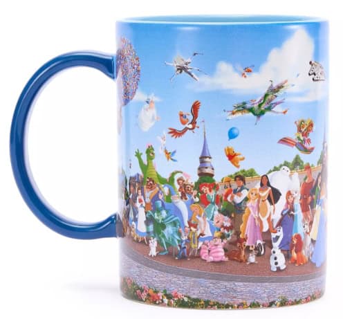Disney character mug featuring Disney princesses, characters, and castle scene.