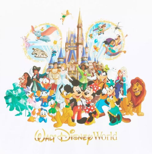 Disney characters including Mickey, Minnie, and Simba at Disney World castle.