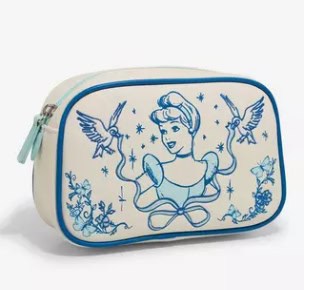 Disney princess-themed pencil case with illustration of Cinderella and birds.