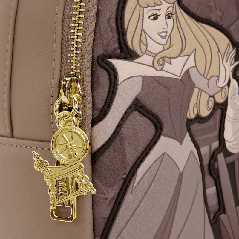 Disney Sleeping Beauty and Maleficent themed bag with character artwork and gold zipper charm.