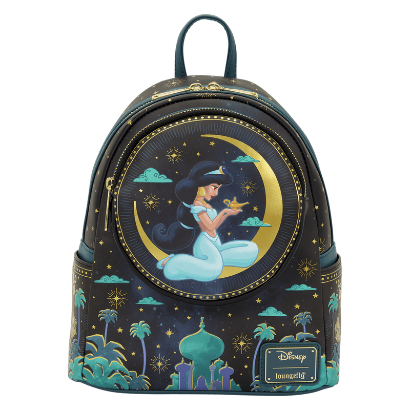 Loungefly Disney Princess backpack featuring Jasmine sitting on a crescent moon with stars and cloud.